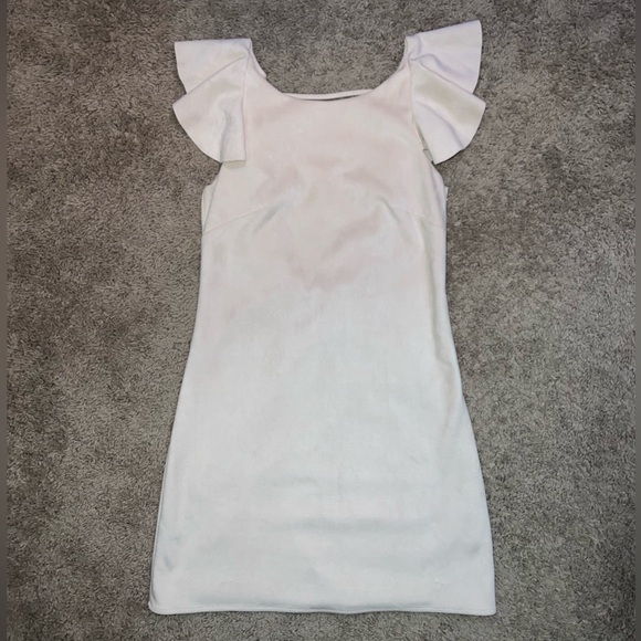 Backless Cream Suede Cocktail Dress w/ Ruffle Detail - Picture 2 of 7